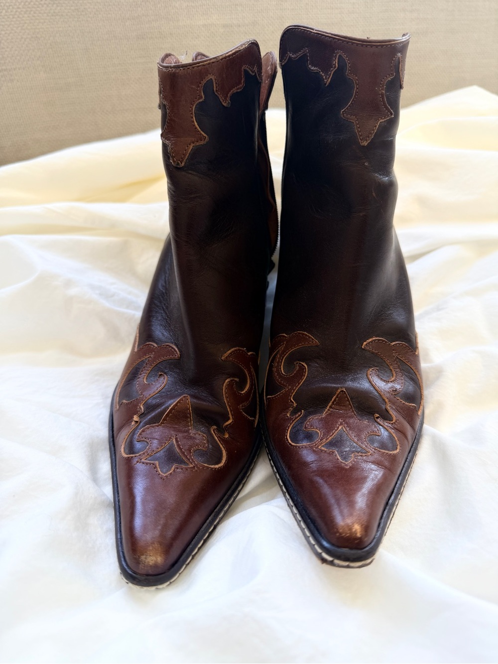 Donald J. Pliner Two-Tone Brown Pointed Western Ankle Boots